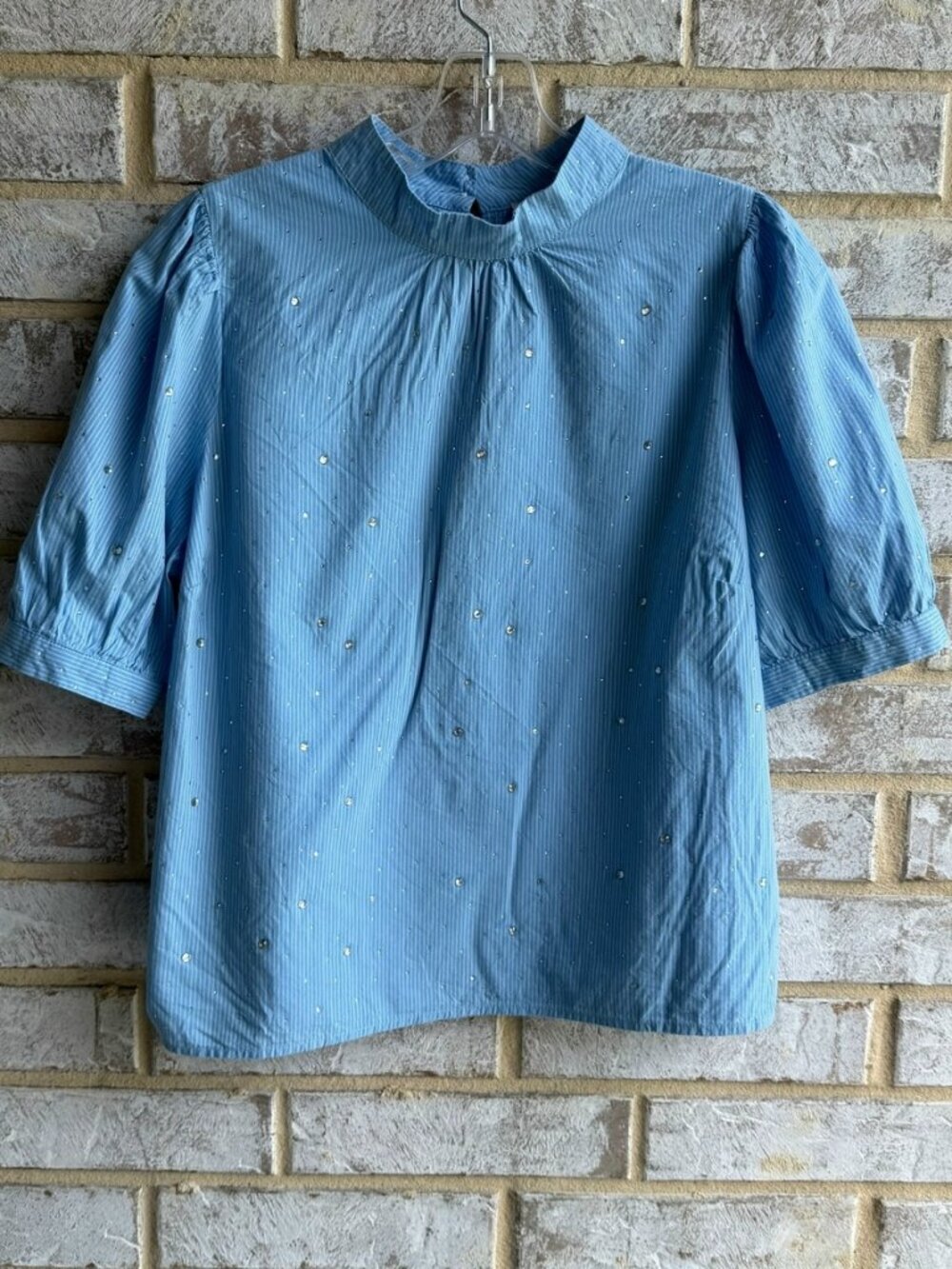 LOFT Blue/White Striped Short Sleeve Mock Neck Rhinestones Blouse Women's Size M